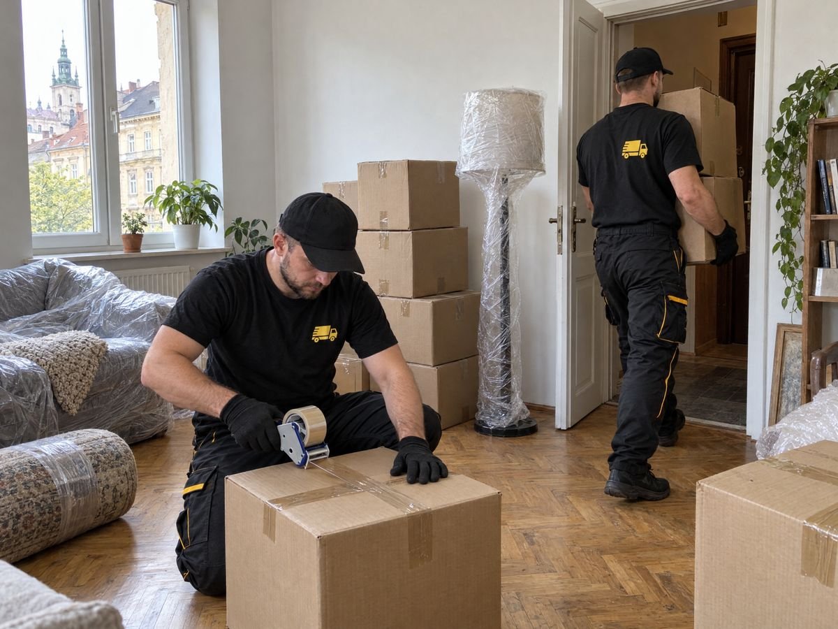 Вантажник виносить коробки з квартири в день переїзду