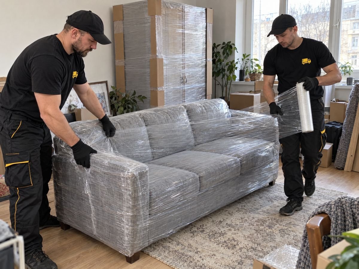 Вантажники обмотують диван стретч-плівкою