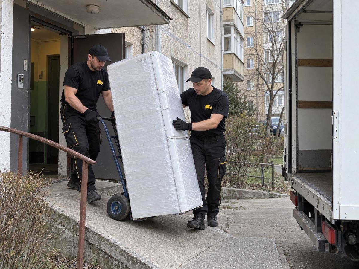 Вантажник везе холодильник на візку до вантажівки